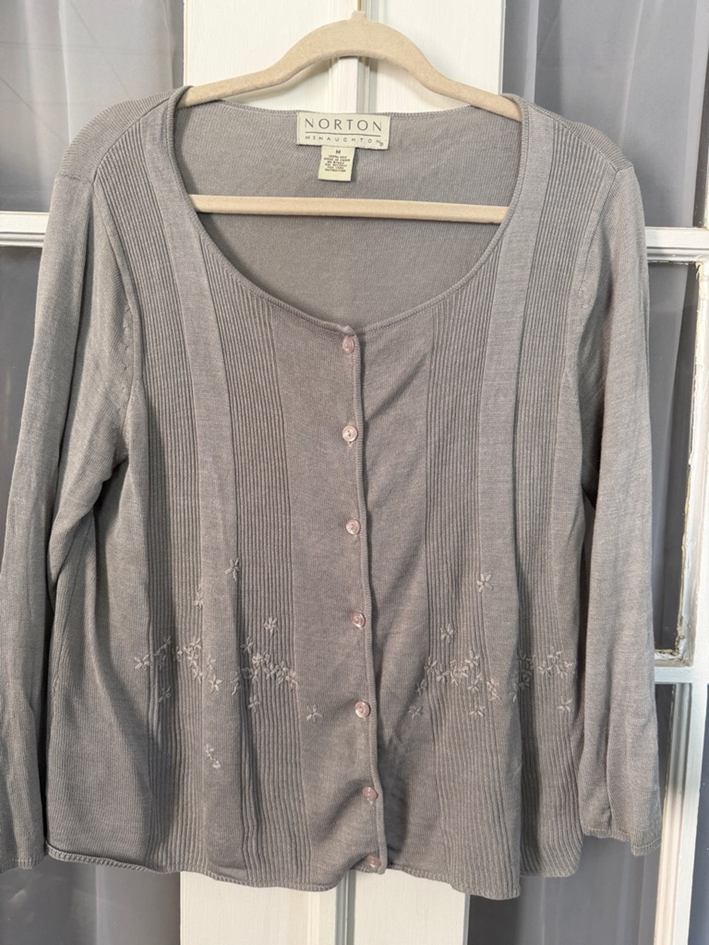 100% Silk Light Gray Grey Embroidered Button-Front Women's Cardigan Sweater
